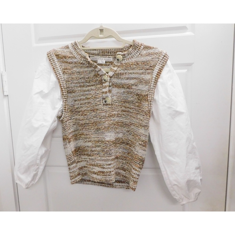 Veronica Beard Tahlea Mixed Media Puff Sleeve Sweater Army Multi Size XS